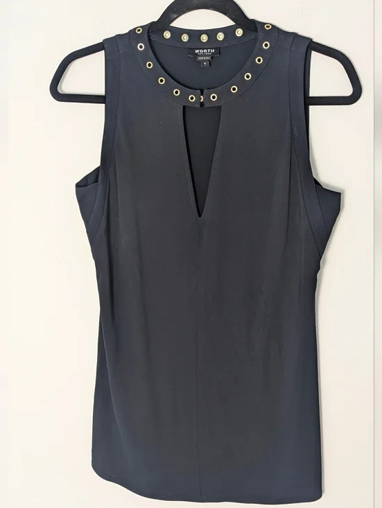 Worth Womens Gold Embellished Top Sleeveless Dark Navy Size S V-neck Office EUC - Picture 1 of 9